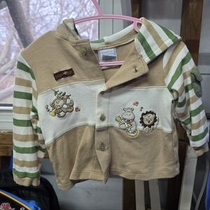 Beige & Green Striped Hooded Kids Sweatshirt with Animal Embroidery